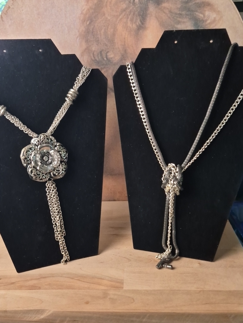 Silver Floral Statement  Necklace And Duel Braided Chain Necklace